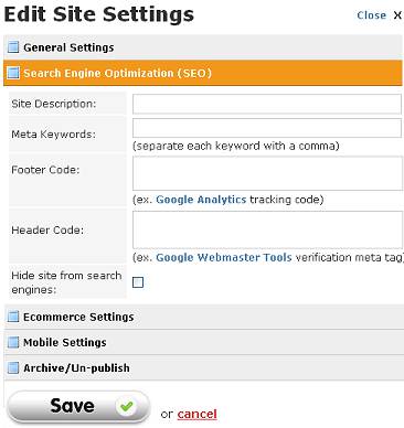 Screen shot of Weebly's SEO options and fields.