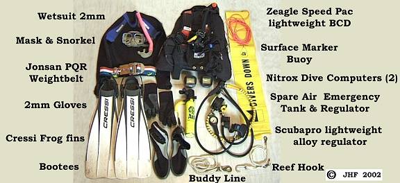 John's diving kit laid out and labelled.