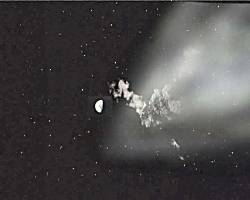 The fake comet heading through space.