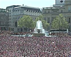 The finished shot of crowds in Trafalgar Square - mainly played by peas!