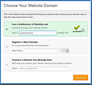 Screen shot of Weebly domain name dialog box.