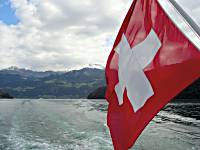 Photo from the stern of the ferry crossing Lake Lucerne.