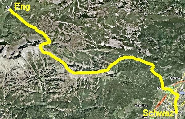 The route of the cattle trek in 'Der Marterer'.